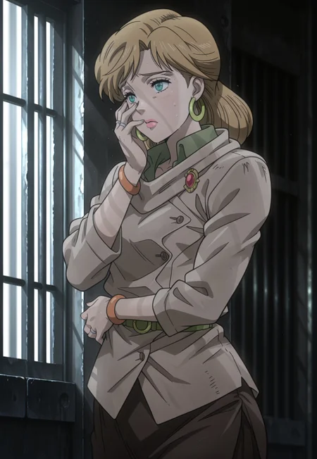 (masterpiece, amazing quality, best quality, anime coloring, detailed),very aesthetic, illustration, perfect composition, intricate details, absurdres, incredibly absurdres, (((1girl,solo,HolyKujo, Blonde Hair, Teal Eyes, Pink Lipstick, Tan Coat, Green Collar, Red Brooch, Orange Bracelet, Silver Wedding Ring, Green Hoop Earrings, Dark Brown Long Skirt,perfect face,detailed eyes))),cowboy shot, clutching waist, hand on face, worried, sweat, prison