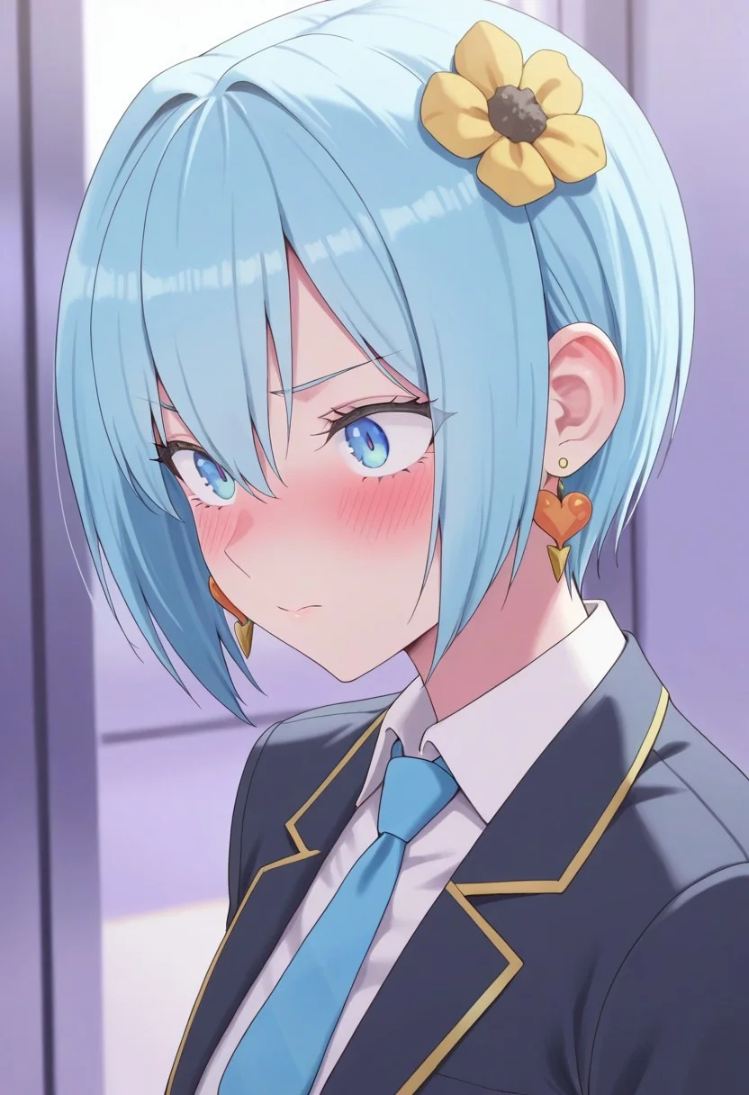masterpiece,best quality,amazing quality, nonoa, blue hair, blue eyes, short hair, 1girl, solo, jewelry, earrings, necktie, blue necktie, blush, hair ornament, flower, jacket, hair flower, shirt, upper body, collared shirt