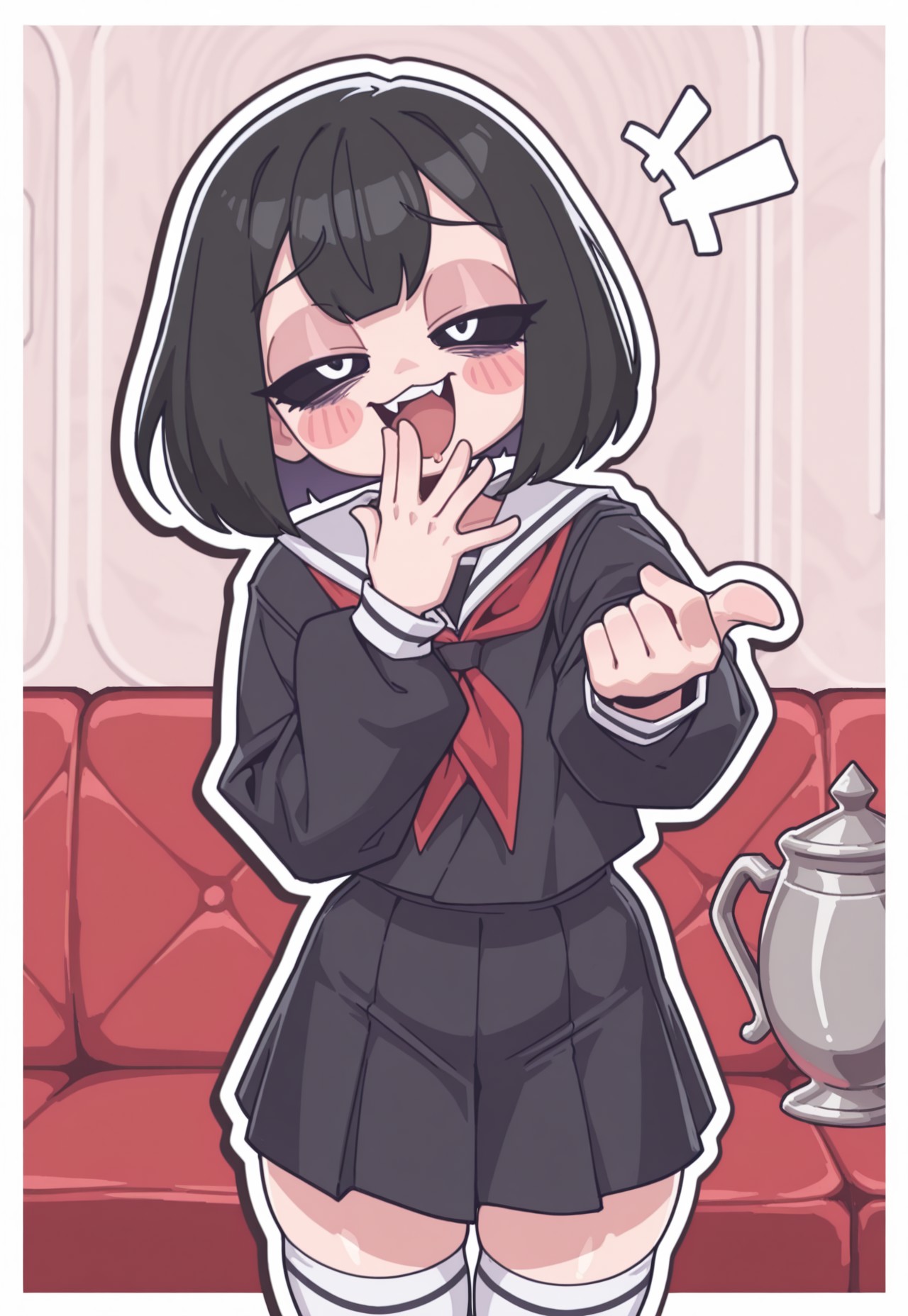 masterpiece, best quality, lazypos, reagan long style, pixelsketcher, 
TOONCITY_ST,Rapscallionstyle,
BREAK,
nnnnnsty, blush stickers,black sclera,black eyes,bags under eyes, solid oval eyes, white eyes,outline, white outline,

1girl, solo, shortstack, hand to mouth, hiding mouth with hand, ((laughing)), (pointing at user), ((mocking, mocking user)), sofa, mouth open, pointing, colored hair, blunt bang, short hair, skirt, legwear, school uniform, short girl,