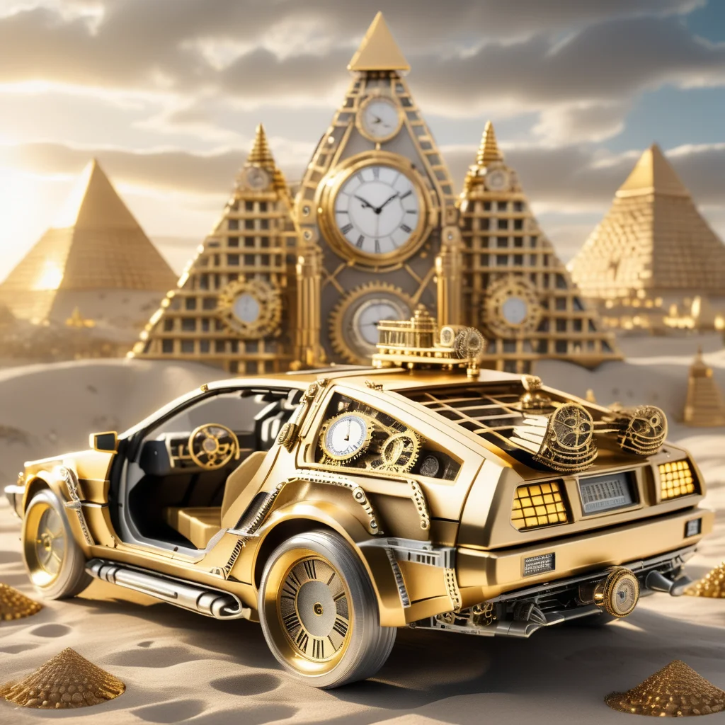 timeart golden clock delorean time machine, with the pyramids in the background, very realistic, very detailed, cinematic, professional light<lora:timeart:1>