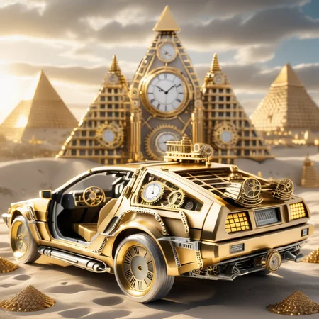 timeart golden clock delorean time machine, with the pyramids in the background, very realistic, very detailed, cinematic, professional light<lora:timeart:1>