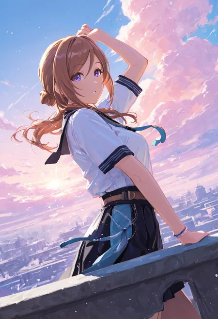sketch, detailed shadowy lines, colours, strong visual flow , atransparency and melancholic atmosphere, very awa, screentones, Pale tone colors, klskx, gakumas, 1girl, solo, rinami , school uniform, sitting on wall top,upper body,sky, cloud, BREAK styling pose, fashion pose, sexy posing, dynamic angle, abstract, abstract background, stunning environment, bloom, soft lighting, extremely cinematic lighting, luminous bright design, glowing , subsurface scattering, atmospheric BREAK perfect details, masterpiece,best quality, ultra-detailed, best illustration, best shadow, absurdres, very aesthetic, detailed background,