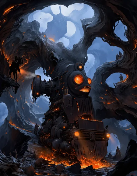 Art by Alejandro Burdisio. A digital illustration shoot from the front about a dark, ominous scene featuring a steam locomotive emerging from a cave filled with stalactites and stalagmites, surrounded by glowing flames and smoke. the scene is set in a dark and eerie environment, with the train in the center of the image standing out from the crowd. the train is a large, black, steam-powered locomotive with glowing orange eyes and sharp teeth, positioned in the middle of the cave. it is surrounded by a massive, twisted rock formation, with several smaller, more imposing structures visible in the background. the cave is dimly lit with a blueish hue, and the atmosphere is filled with a sense of danger and chaos, with a focus on the details of the train and the surrounding environment. on the left of the locomotive, a few people can be seen standing, looking up at the train, while on the right, a group of smaller figures appear to be silhouetted against the dark, rocky formations. the overall mood is one of chaos and destruction, as if they are in the midst of a post-apocalyptic world.