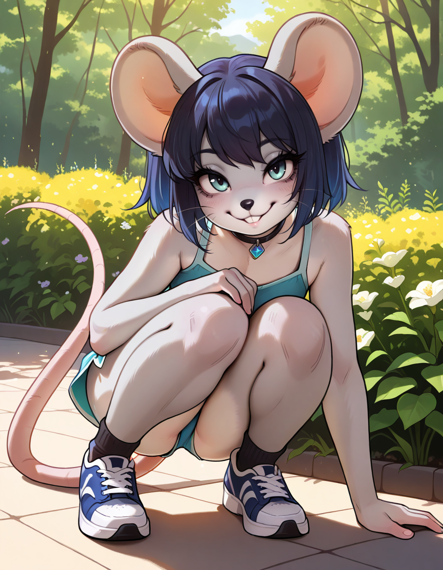 masterpiece, best quality, very aesthetic, absurdres,
outdoors, full body, seductive smile, long eyelashes, 
 <lora:Sharabesque_v01_NAIXL:1>,
Sharabesque,1girl,solo,furry female,mouse girl,mouse ears,black hair,short hair,bangs,blue hair,animal nose,whiskers,buck teeth,mouse tail,