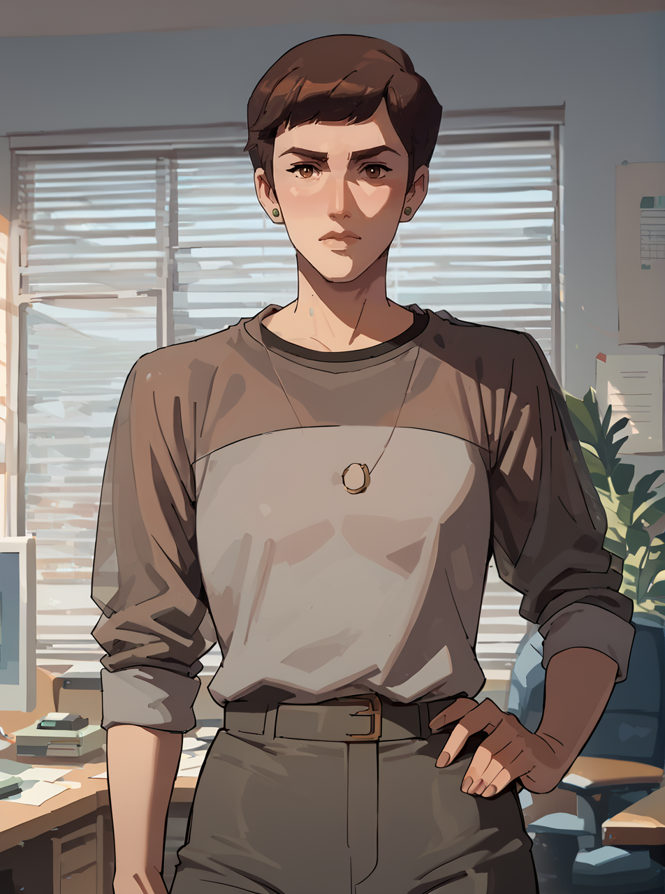 score_9, score_8_up, score_7_up, 1girl, short hair, cartoon, looking at viewer, <lora:ellenkpxl:1>, ellenkpxl, brown hair, grey top, 2d, office, pants, best quality, black undershirt