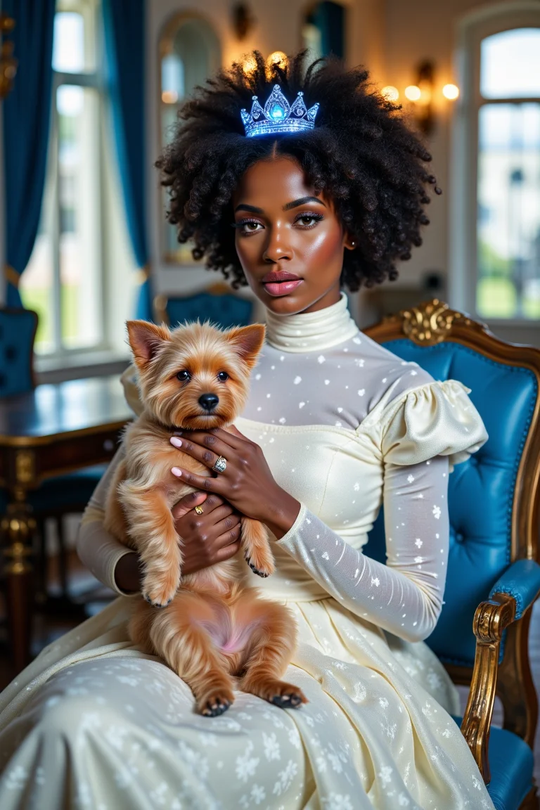 A portrait of a woman dressed in a lavish, historical-style gown, seated in an opulent room with classical architecture. She wears a large, voluminous afro hairstyle adorned with a glowing sparkling blue like tiara. The woman holds a fluffy, light brown dog close to her chest. The gown is a white turtleneck with intricate floral patterns, and she wears a delicate ring on her finger. The room is decorated with blue drapery, a wooden table, and a window with a view of the outdoors. The overall color palette is dominated by soft blues, whites, and golds, evoking a sense of regality and elegance.
aidmaGlow, reflection, blue, white