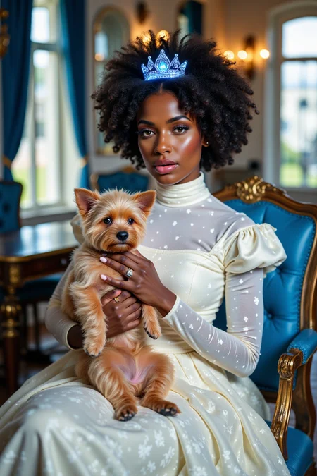 A portrait of a woman dressed in a lavish, historical-style gown, seated in an opulent room with classical architecture. She wears a large, voluminous afro hairstyle adorned with a glowing sparkling blue like tiara. The woman holds a fluffy, light brown dog close to her chest. The gown is a white turtleneck with intricate floral patterns, and she wears a delicate ring on her finger. The room is decorated with blue drapery, a wooden table, and a window with a view of the outdoors. The overall color palette is dominated by soft blues, whites, and golds, evoking a sense of regality and elegance.
aidmaGlow, reflection, blue, white