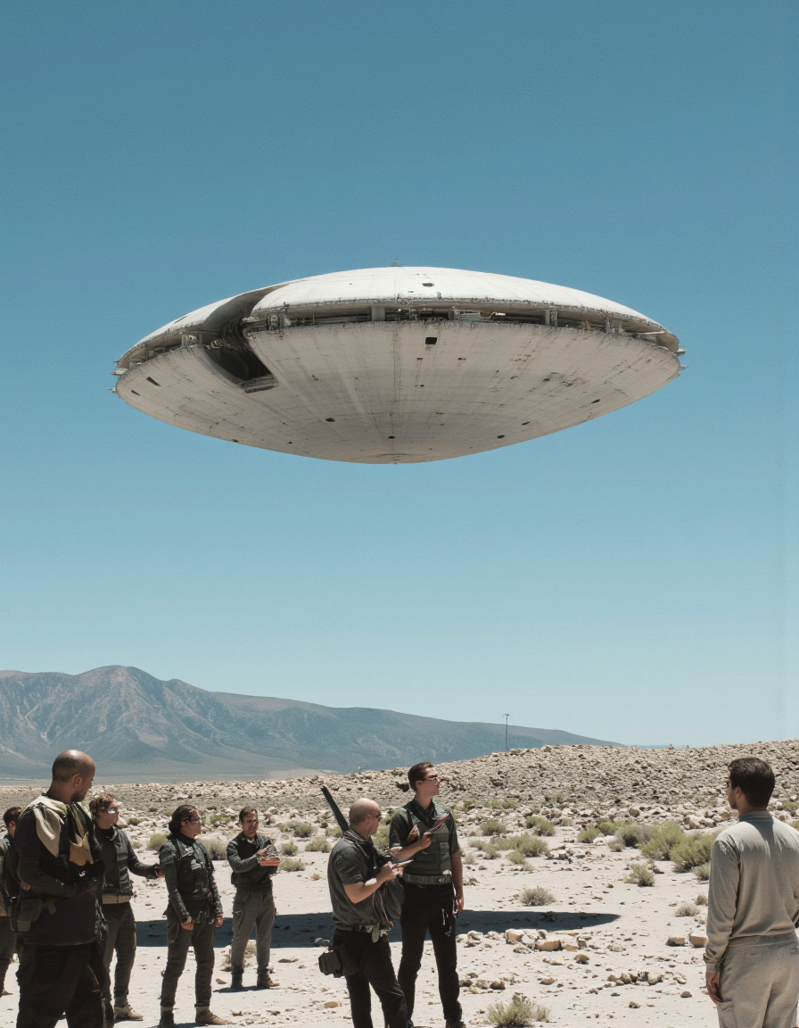 By Paul Chadeisson. A scene from a distance camera angle about a group of people standing in a desert landscape, looking up at a futuristic spacecraft in the air. the scene is set against a clear blue sky with distant mountains in the background. the spacecraft is in the middle of the image, hovering above the group, casting a shadow over the rocky terrain. the people in the foreground are silhouetted against the bright blue sky, some of them holding guns, while others are facing away from the camera. they are all wearing dark clothing and appear to be engaged in a tense situation, with some standing still and others facing away. the image has a cinematic feel to it, with a focus on the details of the spacecraft and the surrounding landscape.