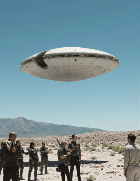 By Paul Chadeisson. A scene from a distance camera angle about a group of people standing in a desert landscape, looking up at a futuristic spacecraft in the air. the scene is set against a clear blue sky with distant mountains in the background. the spacecraft is in the middle of the image, hovering above the group, casting a shadow over the rocky terrain. the people in the foreground are silhouetted against the bright blue sky, some of them holding guns, while others are facing away from the camera. they are all wearing dark clothing and appear to be engaged in a tense situation, with some standing still and others facing away. the image has a cinematic feel to it, with a focus on the details of the spacecraft and the surrounding landscape.