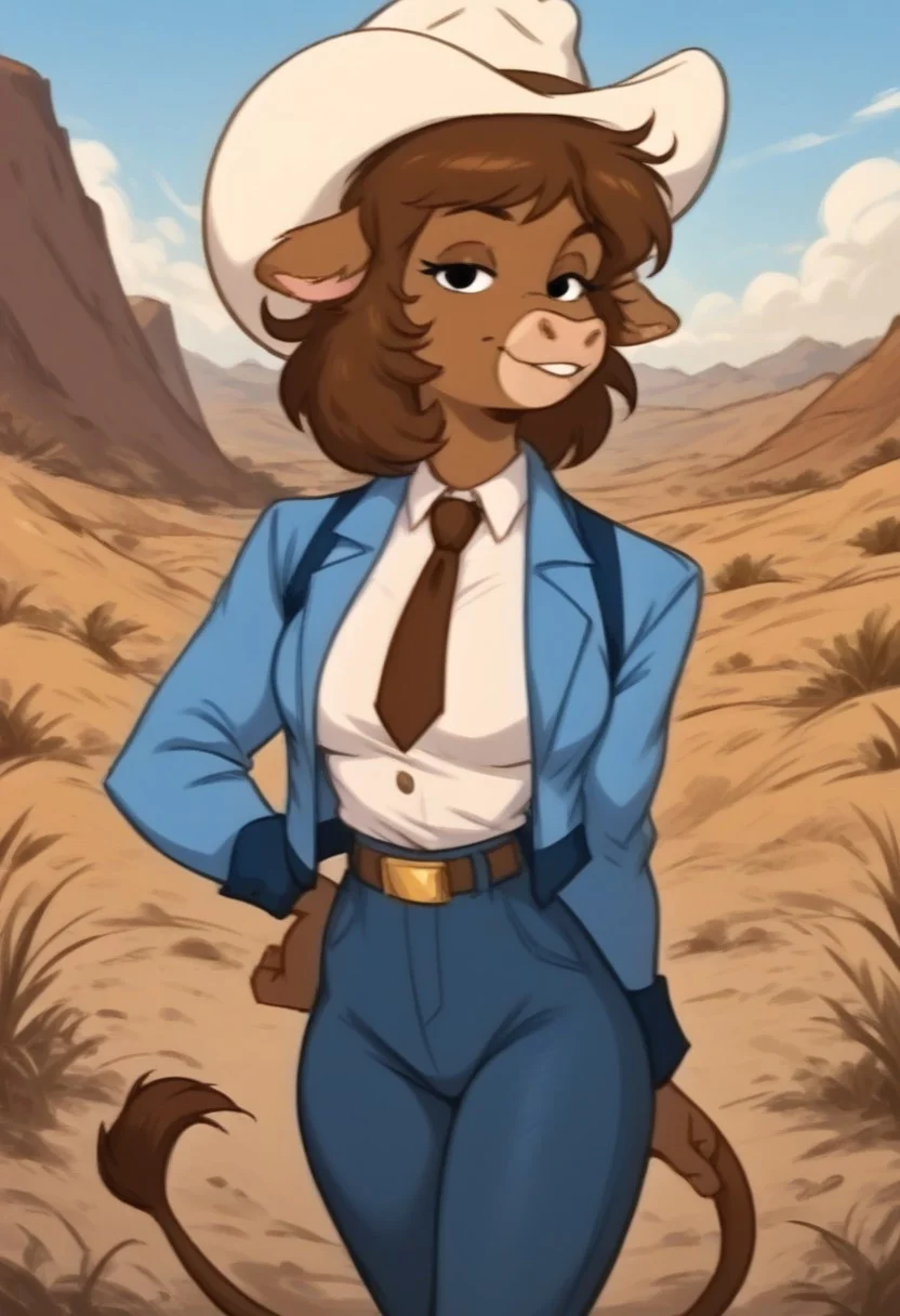 score_9, score_8_up, score_7_up, OverallDetail, Expressiveh, (by joelasko), dynamic lighting, detailed character, detailed face, detailed background, background is desert, mesas, clouds, sunny, (close up), cowboy shot,
BREAK
furry female, anthro, 1girl, solo, female cow, Kowlamity Kate, black eyes, ((brown fur)), medium hair, (brown hair), messy hair, (cow tail), medium breasts, heavy breasts, lean build, (muscular), long legs, curvy legs, animal nose, toned body, wide hips, narrow waist, round ass,
BREAK
standing, looking at viewer, smiling, half closed eyes, blue jacket, ((white undershirt)), blue jeans, belt, white boots, cowboy hat, (tie), sexy, flirty