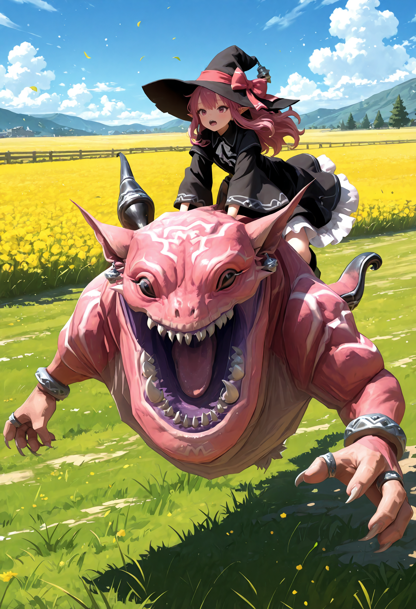 masterpiece,full_body,day,sky,field,1other,
BREAK typhon_(ff),horns,no humans,sharp teeth,open mouth,teeth,claws,jewelry,tongue,<lora:typhon_(ff)-IL:1> BREAK 1girl,witch,witch hat,bow,layered dress,riding,wide sleeves,long sleeves,thighs,