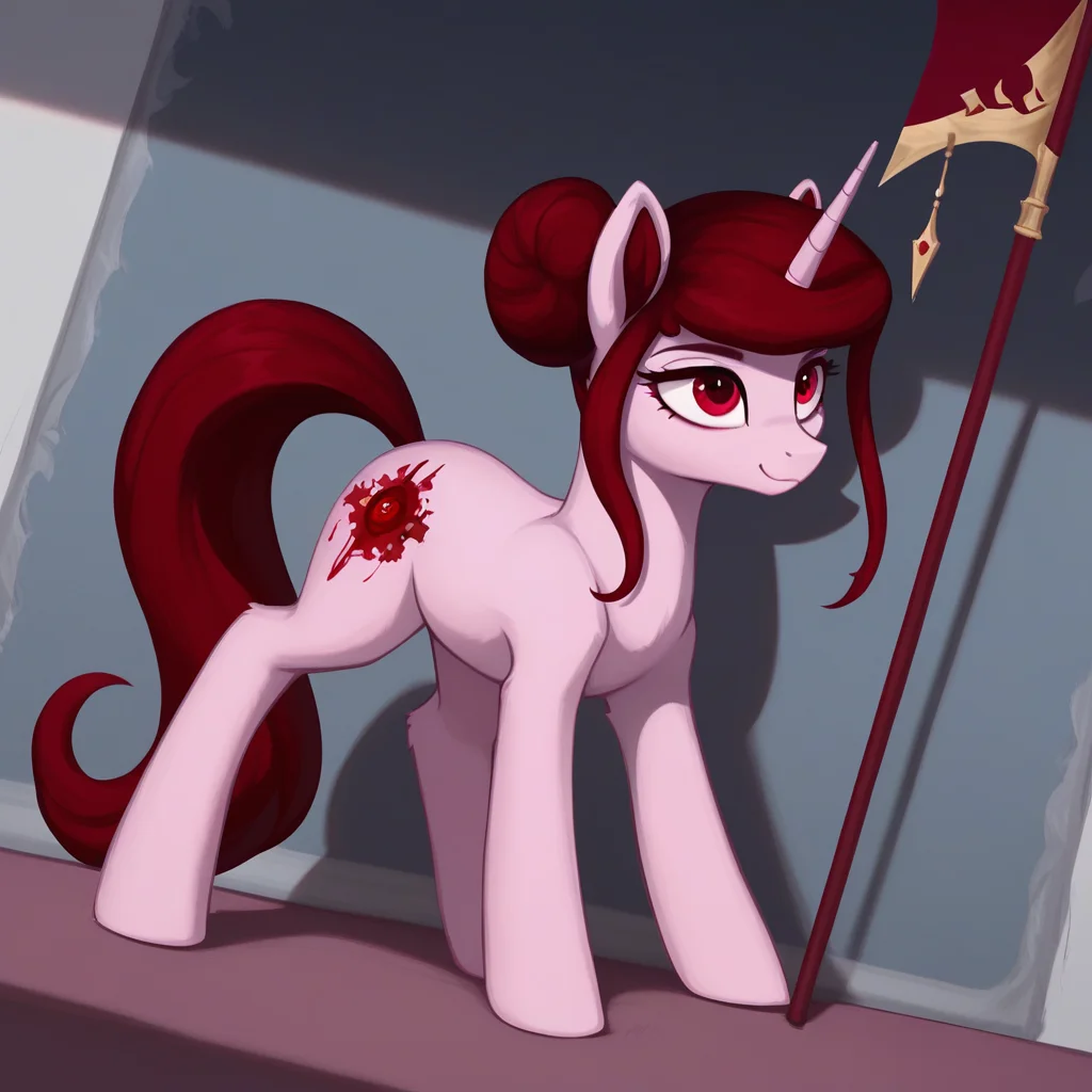 masterpiece, score_9, score_8_up, score_7_up, (best quality:1.1), ultra-detailed, high resolution, 1character, solo, Rosa Maledicta, (Queen of Blood), pony, unicorn, feral, female, mare, (((beautiful detailed red eyes))), long eyelashes, eyebrows, fluffy pony ears, horn, cutie mark, tail, pale pink skin, closed mouth, looking at the Dread League flag, smile, dark red mane, hair bun, indoors, dark, sharp focus, shadow, anatomically correct, extremely detailed, high detail, full body, expressiveh