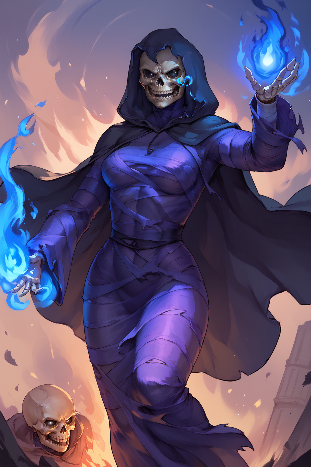 score_9, score_8_up, score_7_up, masterpiece, high quality, BREAK
 <lora:Mistress DeathPonyLoRA:1>mmstrssdeth, hood up, hooded cloak, skull head, dress, skeleton, torn clothes, no pupils ,black eyes, no human, bandages, angry, blue fire, magic, casting, attack pose,