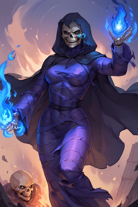 score_9, score_8_up, score_7_up, masterpiece, high quality, BREAK
<lora:Mistress DeathPonyLoRA:1>mmstrssdeth, hood up, hooded cloak, skull head, dress, skeleton, torn clothes, no pupils ,black eyes, no human, bandages, angry, blue fire, magic, casting, attack pose,