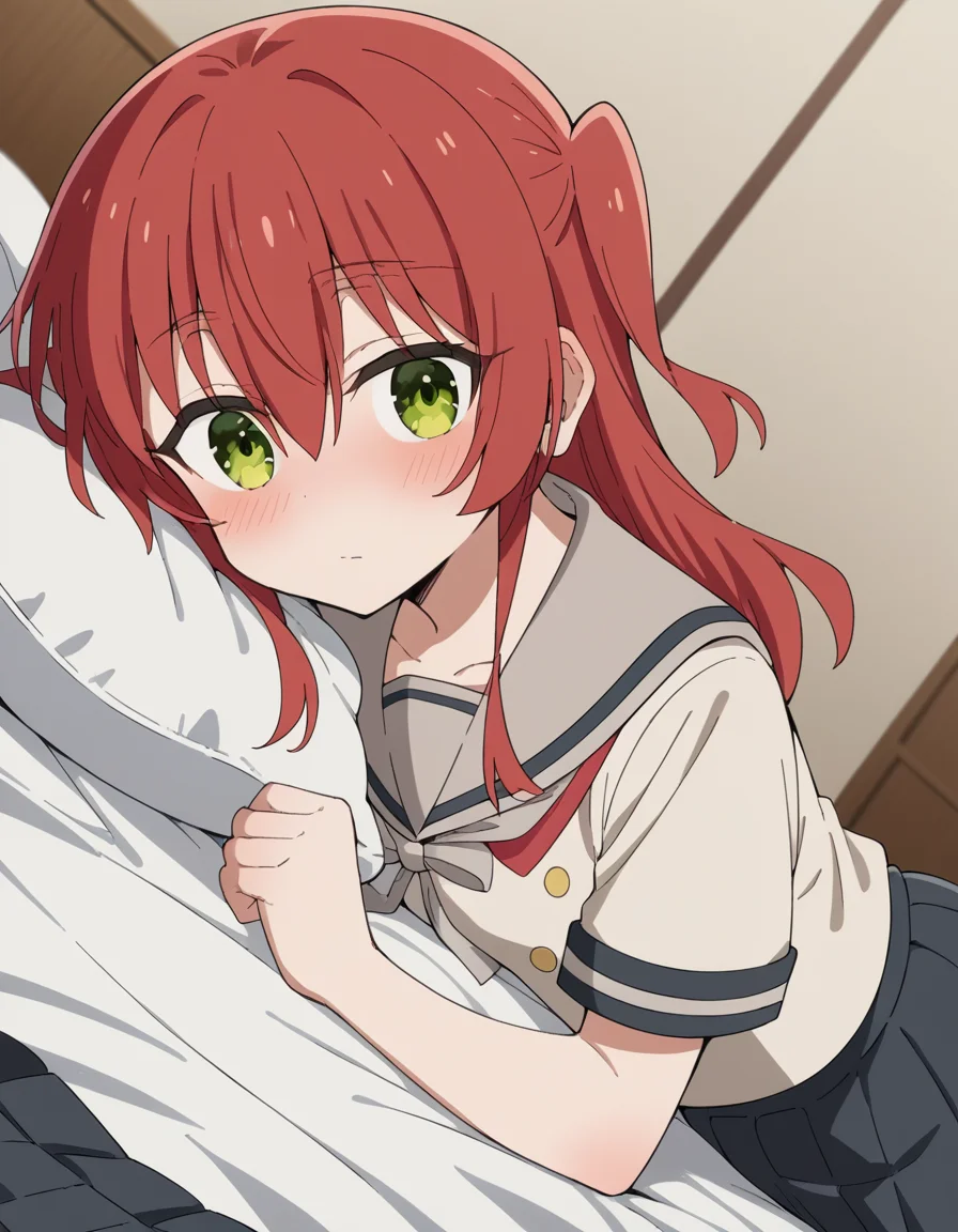 score_9, score_8_up, score_7_up, source_anime,
kitaikuyo, <lora:ikuyo-kita-s1-ponyxl-lora-nochekaiser:1>,
ikuyo kita, green eyes, hair between eyes, long hair, one side up, red hair,
black skirt, grey sailor collar, pleated skirt, sailor collar, school uniform, short sleeves, shuka high school uniform, skirt,
indoors, bed, bed room, on side, blush, drunk,
cowboy shot, solo, dutch angle, looking at viewer,