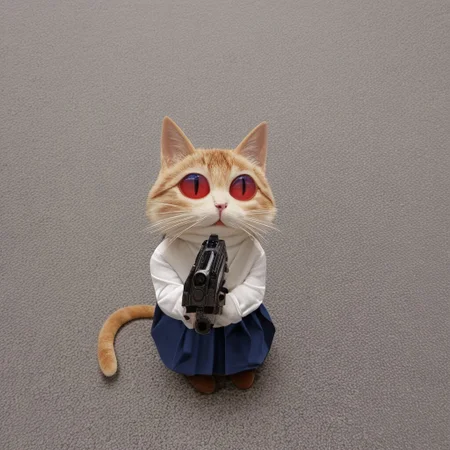 absurdres, highres, best quality, masterpiece, very aesthetic, newest, year_2024, year_2023, year_2022,source_photo,photo,realistic,cinematic,no humans,1girl, Neco Arc, blonde hair, red eyes, slit pupils, cat ears, :3, cat tail, turtleneck, white shirt, blue skirt, pleated skirt, pantyhose, brown footwear,outdoors,holding gun,sidewalk,town