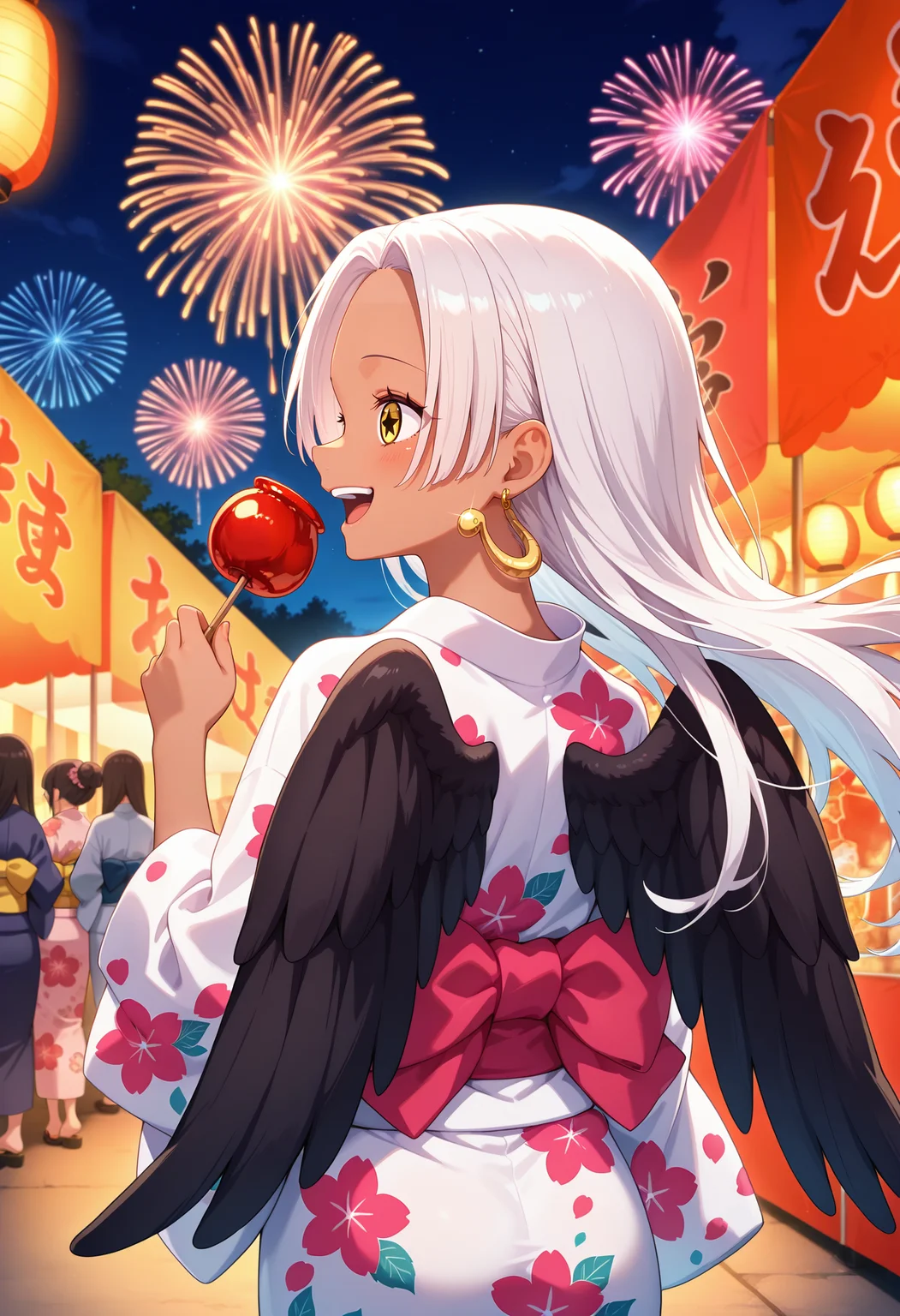 best quality, masterpiece, aass, long hair, white hair, dark-skinned female, earrings, yellow eyes, star-shaped pupils, black wings, <lora:s-snake_ilxl_v1:0.9>, night, summer festival, outdoors, yukata, floral print, from behind, smile, laughing, fireworks, holding candy, candy apple, solo,