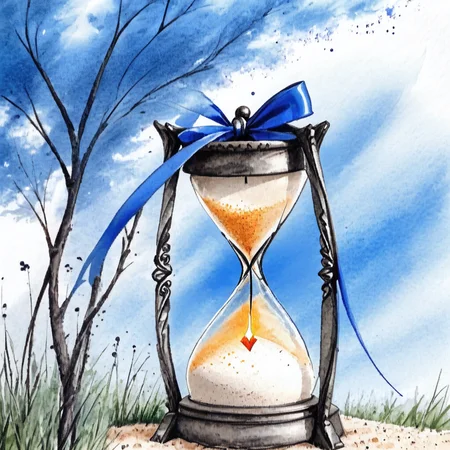 <lora:Blue_Watercolor_DreamscapeSDXL:1> ArsMJStyle, Blue Watercolor Dreamscape, The image is a watercolor painting of an hourglass with a blue ribbon tied around it. The hourglass is sitting on a patch of grass with a tree branch on the right side. The background is a light blue sky with white clouds. The sand is slowly trickling down from the top of the hourglass creating a white sand timer. The painting is done in a realistic style with loose brushstrokes and vibrant colors. The overall mood of the image is peaceful and serene., no humans, painting (medium), traditional media, watercolor (medium), outdoors, solo, sky, tree, day