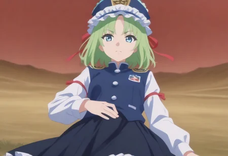 1girl, solo, solo focus, highres, absurdres, shikieiki, green hair, frilled hat, blue eyes, blue headwear, short hair, bangs,
long sleeves, black skirt, white shirt, blue vest, red ribbon, epaulettes, small breasts, arm ribbon, buttons,
looking at viewer, lying, on back,
spider lily, flower field, night sky, red sky, dark, red theme,