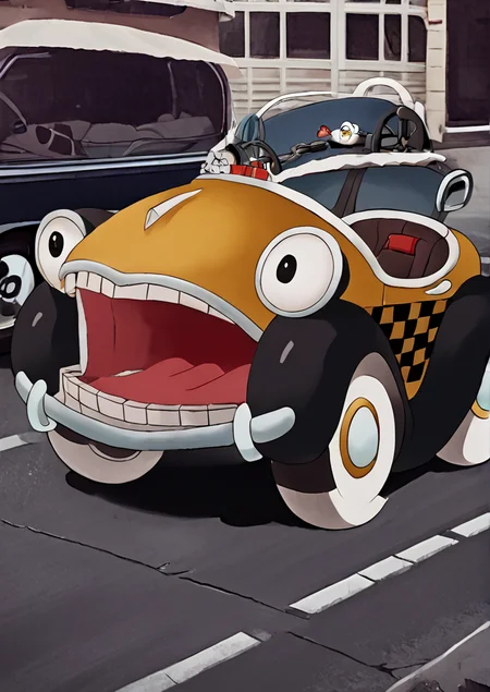 score_8_up, score_7_up, illustration, source_manga, rating_safe, r3tr0XLP ,<lora:r3tr0XLP:0.7>, b3NnyC4b, benny, cartoon car, cartoon taxi, large eyes, headlight eyes, grill mouth, yellow cab, steering wheel, checkered pattern, white tires, flat tires, mouth closed, teeth, small random driver, <lora:Benny_The_Cab_-_Who_Framed_Roger_Rabbit_1988_-_Pony:0.8>, break,  (in a city, :1.2)