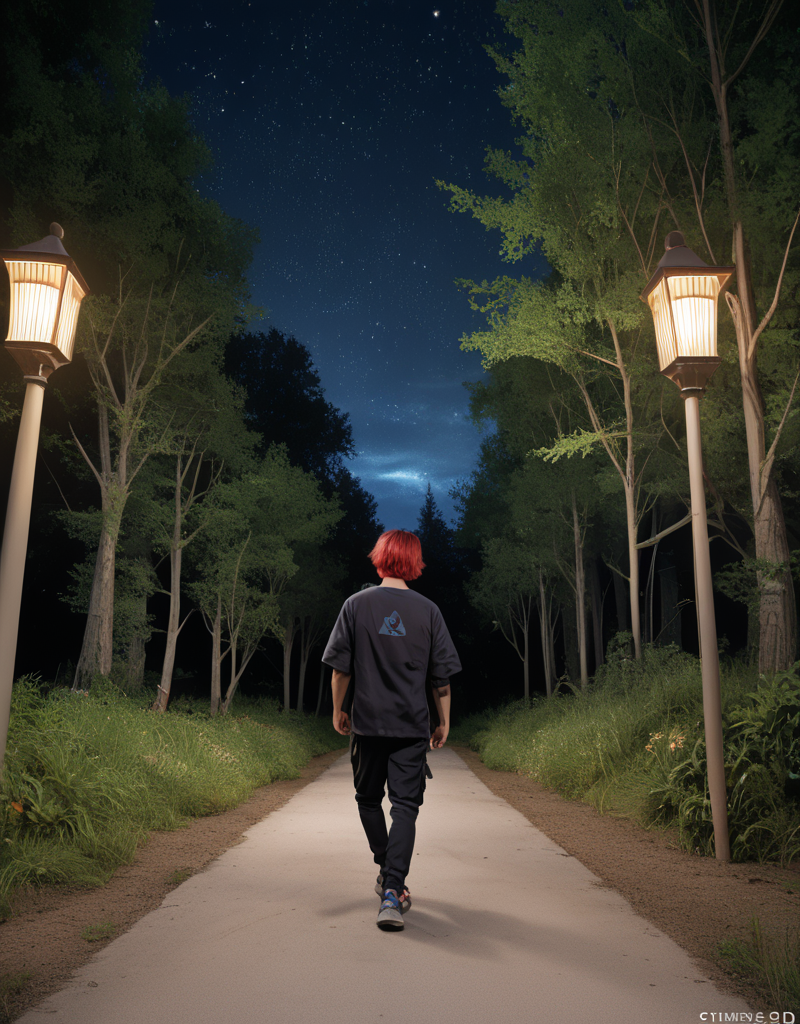 zPDXL2, <lora:TechwearV2:1>, t3chwear, 
1boy, detailed eyes, beard, short red hair, walking on a forest path at night, night sky, viewed from behind