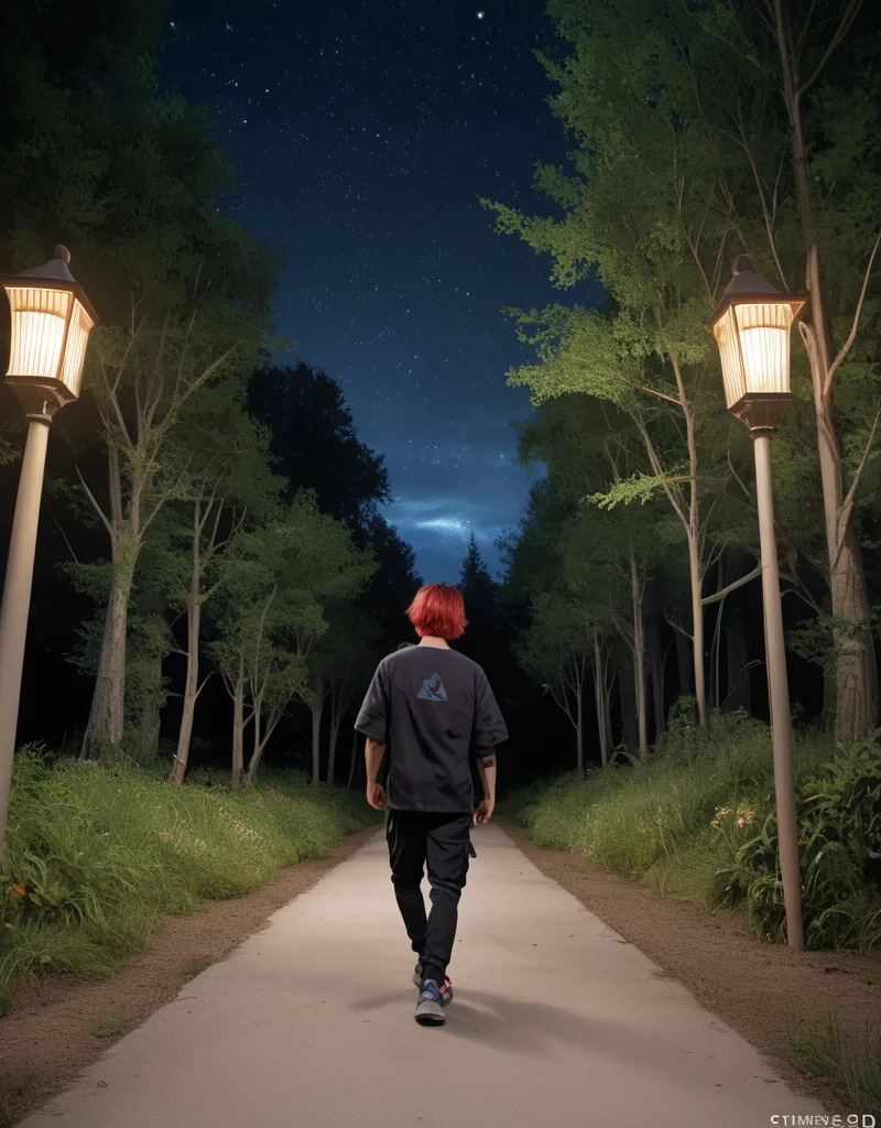 zPDXL2, <lora:TechwearV2:1>, t3chwear,
1boy, detailed eyes, beard, short red hair, walking on a forest path at night, night sky, viewed from behind