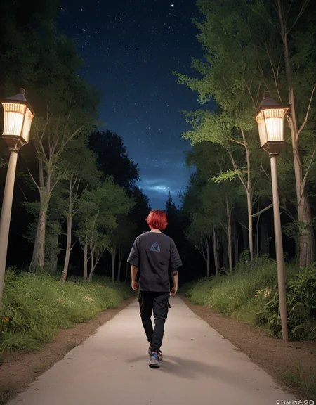 zPDXL2, <lora:TechwearV2:1>, t3chwear,
1boy, detailed eyes, beard, short red hair, walking on a forest path at night, night sky, viewed from behind
