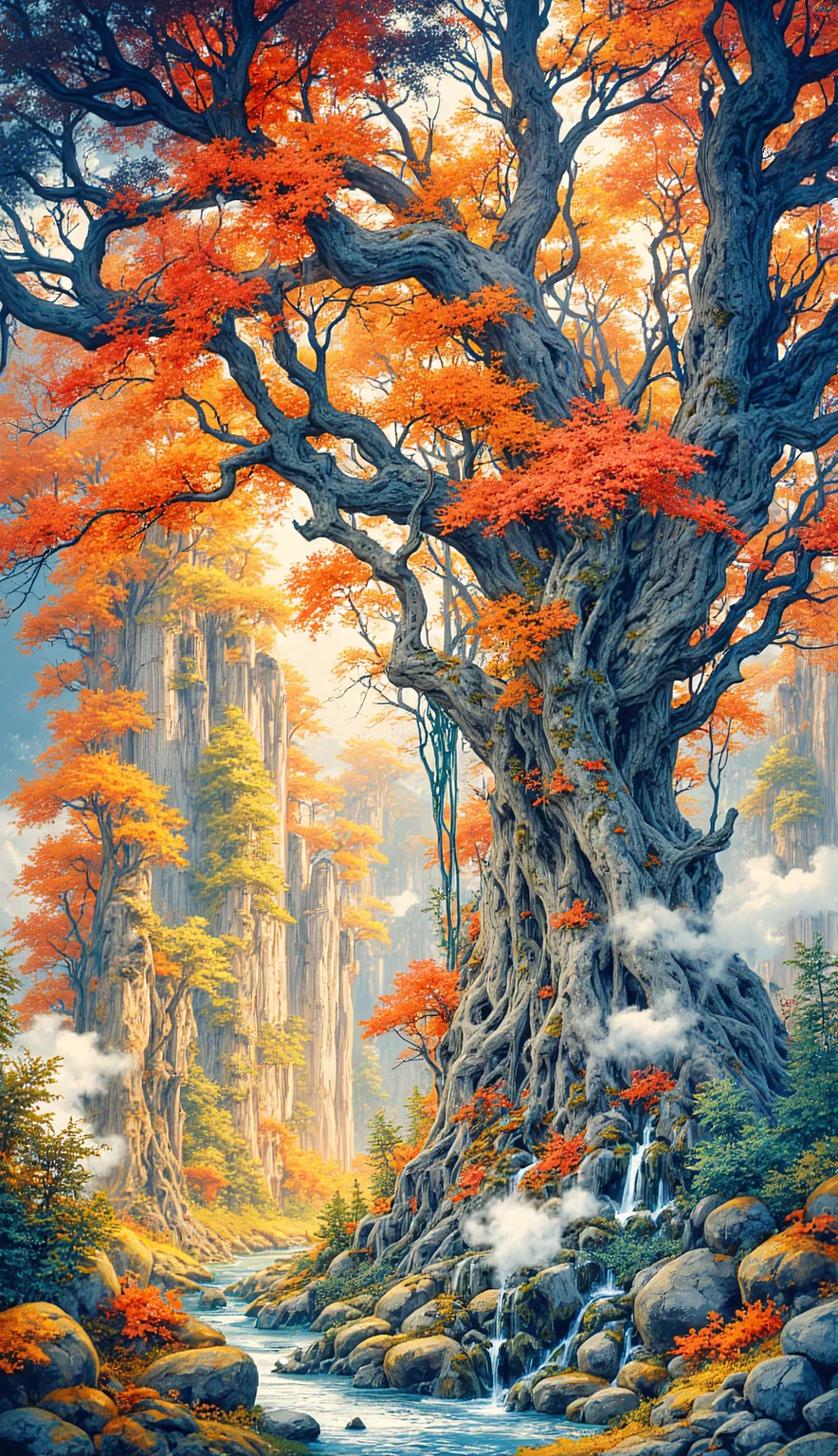 The gorgeous watercolor paintings designed by AI show a palace-level design sense and are pleasing to the eye. The design color is mainly red yellow orange like Autumn landscape.