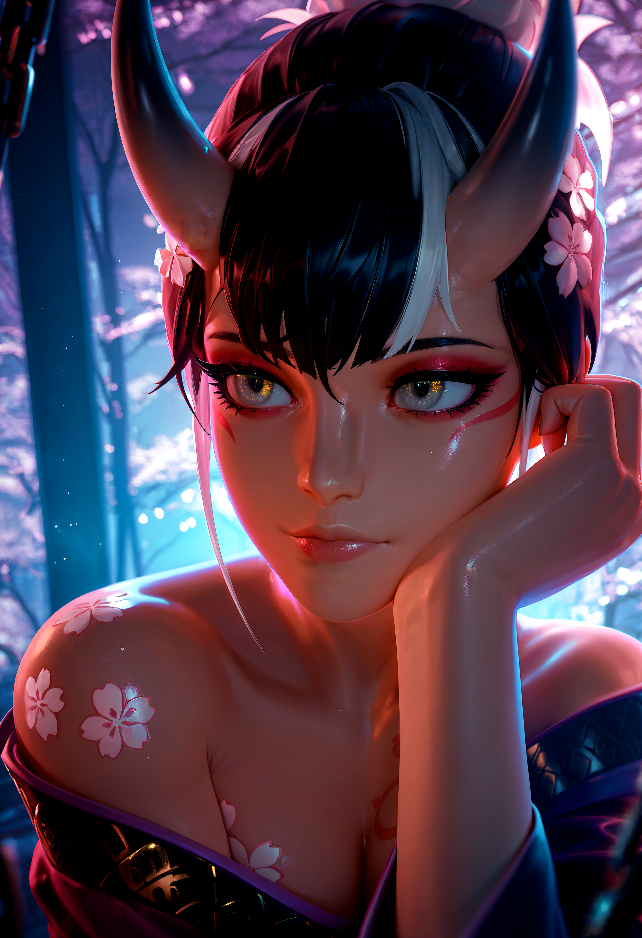 HDR, 8K, high contrast, masterpiece, best quality, soft lighting, blum effect, masterpiece, absolutely eye-catching, particles, glow, shining, intricate cinematic background, CG,shiny hair,clear skin,ultra-detailed-eyes, chiaroscuro, dynamic angle, kms_3dx, (realistic, 3d), (ue5, raytraced), cute girl, eyelashes, BREAK Aka-Oni, oni, smooth horns, black horns, golden eyes, BREAK kimono, collarbone, cherry blossom, head rest on arm, chained, flower tattoos, (Sexy lips), black_hair, closed_mouth, white_hair, multicolored_hair, from_side, grey_eyes, eyelashes, lips, makeup, expressionless, portrait, close-up, white_eyes, long_eyelashes, partially illuminated, backlighting, Intricately designed, Mysterious, BREAK, photorealistic, beautiful detailed eyes, detailed skin, detailed hair, volumetric lighting, dappled light, light particles, dramatic shadows, cinematic lighting, photo background, depth of field,  <lora:IL\KMS_3DxM04_IL:1.25>