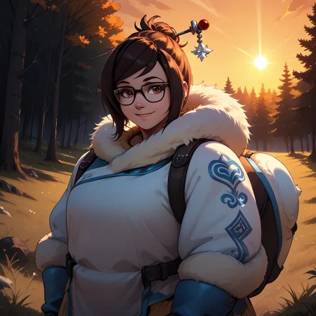 score_9, score_8, BREAK, solo, Mei, glasses, hair ornament, plump, winter coat, fur coat, trimmed coat, footwear, sexy pose, self portrait, smile, outdoors, sunlight, shadows, evening lighting, natural lighting, forest, trees, grass, orange sky, sunset