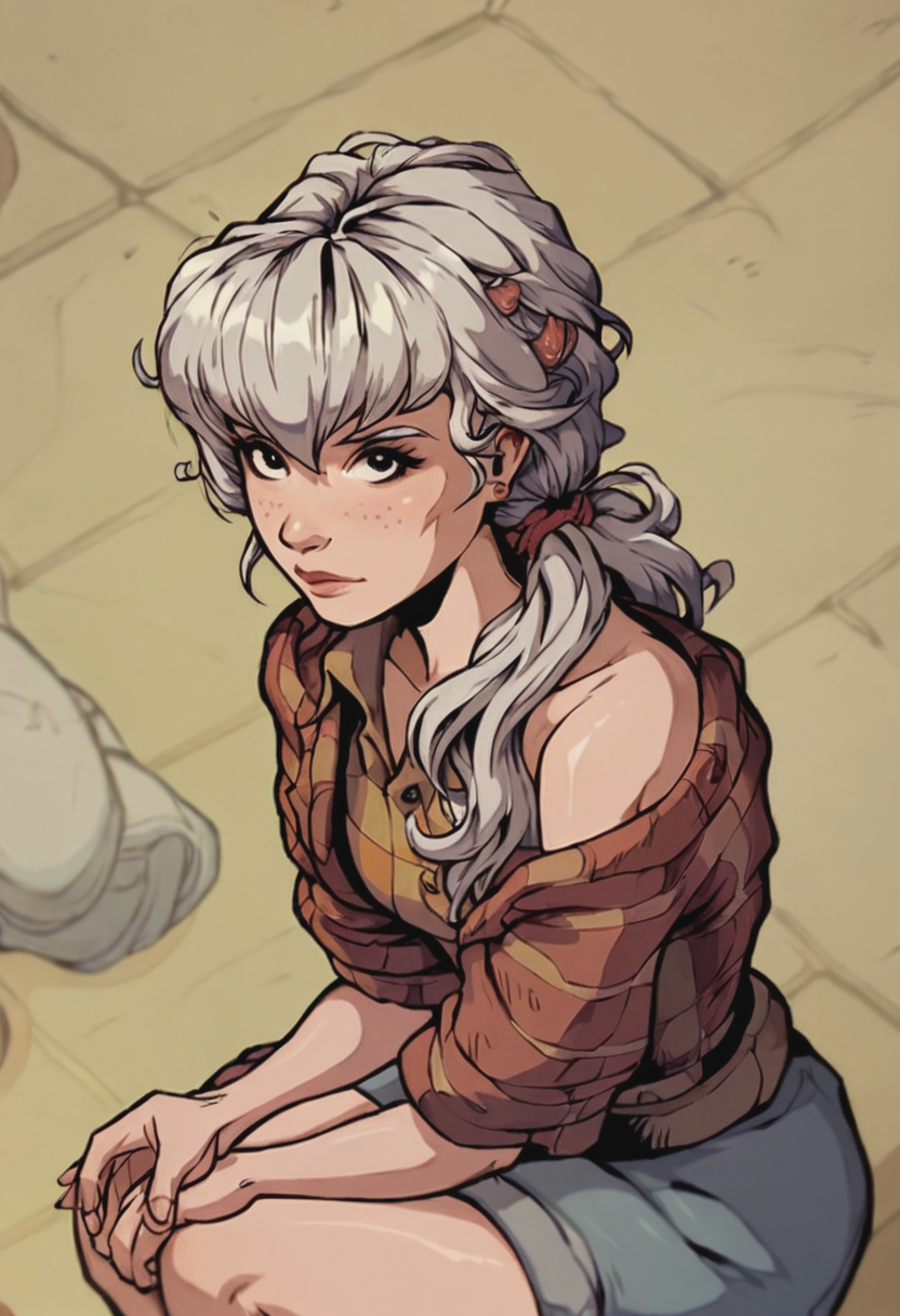 score_9, score_8_up, score_7_up, 1girl, portrait, solo, Sitting with hands clasping the knee, from_above, (Raspberry Flannel Shirt), Platinum Blonde hair, cropped_shoulders, rating_safe, <lora:pony\artist_styles\akabur_pony:1.0>