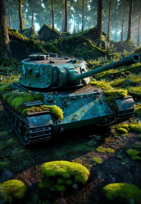 A REALISTIC BROKEN OLD (TANK with (bioluminescent) flora and moss growing on it in an enchanted forest). dutch angle, enhanced textures, creative, vibrant, masterpiece, 8k, ultra HD, ultra-detailed, amazing quality, amazing artist, sharp edges, detailed textures, full view, atmospheric lighting, amazing visuals