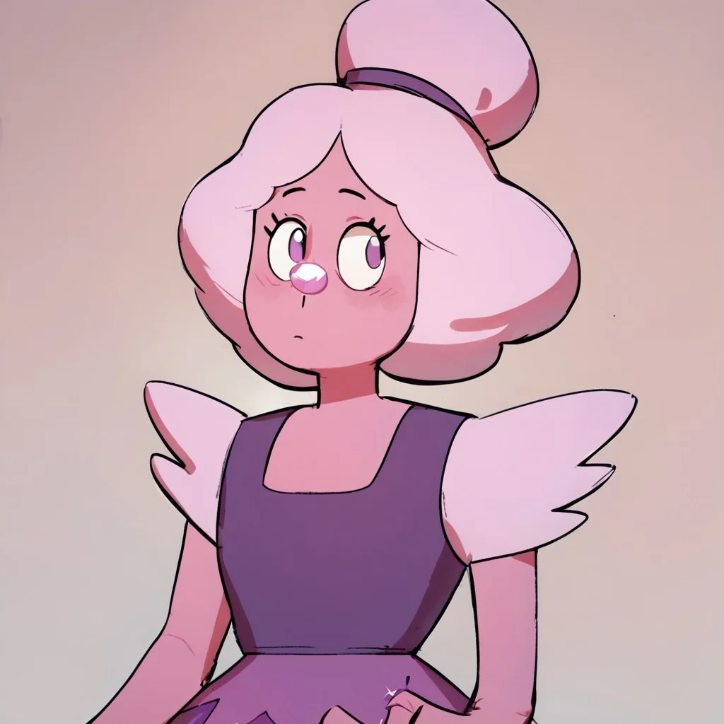 1girl, solo, solo female, score_6, score_6_up, score_7, score_7_up, score_8, score_8_up, 
star jade, curly hair, hairbun, winged shoulder pads, 8-spiked star dress, magenta star jade, nose gem,
half body, pin-up