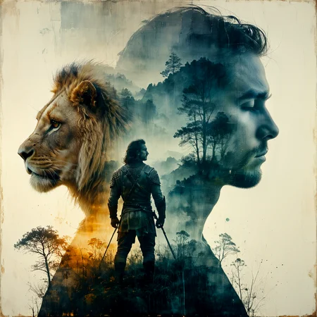 Double exposure. Atmospheric, moody. An artistic painting. Distressed painting.
A warrior (man) and a lion.
<lora:Screedex01_CE_XL_300-OT:0.6> scrdxCE_style