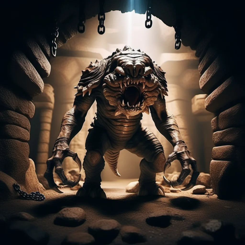 cinematic photo a full body portrait monster, claws, sharp teeth, cave, chains <lora:Rancor1024:0.8> . 35mm photograph, film, bokeh, professional, 4k, highly detailed
