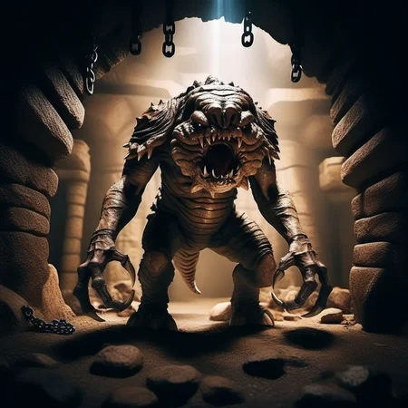 cinematic photo a full body portrait monster, claws, sharp teeth, cave, chains <lora:Rancor1024:0.8> . 35mm photograph, film, bokeh, professional, 4k, highly detailed