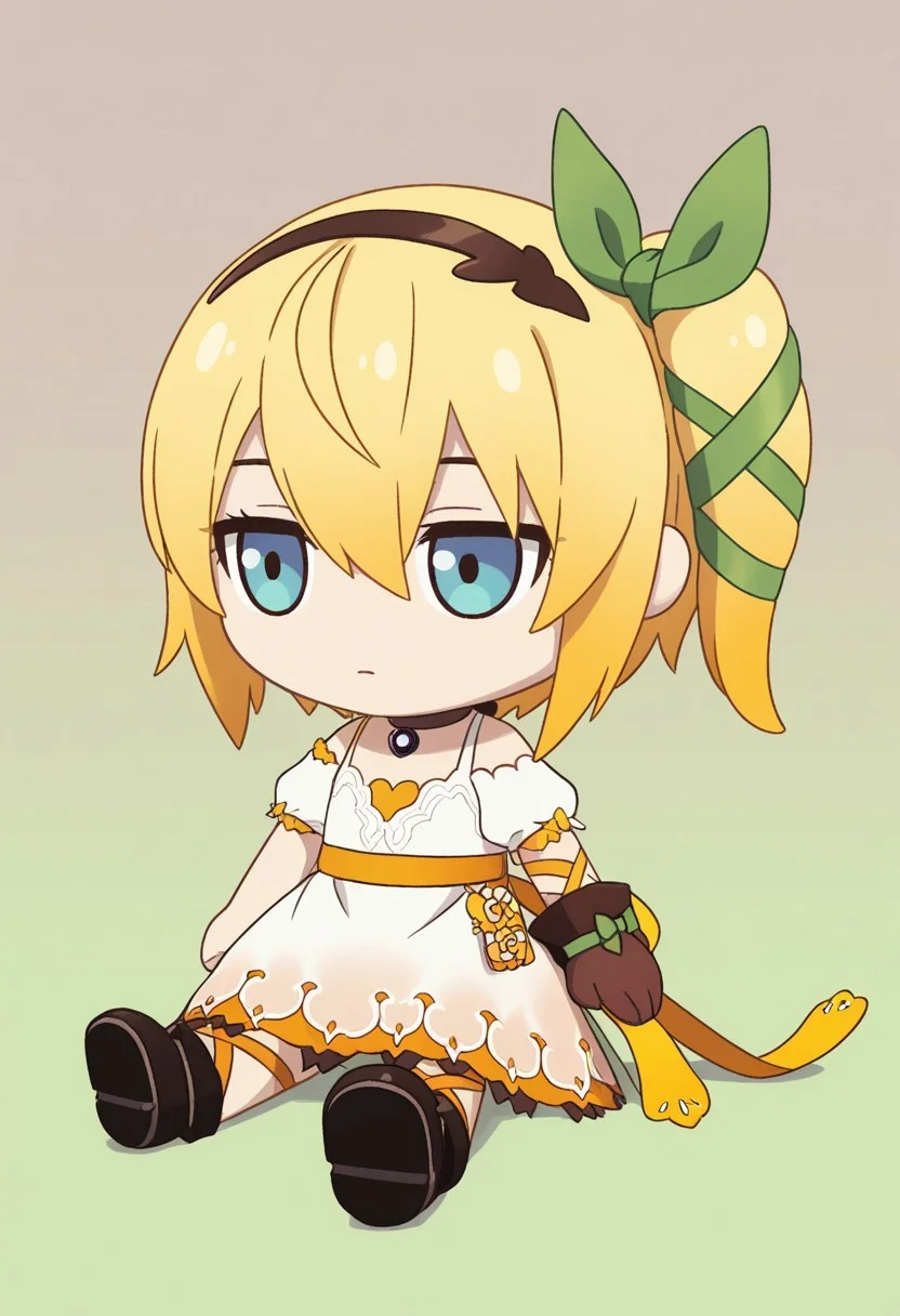 masterpiece, best quality, amazing quality, intricate detail, highly detailed, absurdres, edna (tales), blonde hair, gradient hair, white dress, yellow ribbon, brown hairband, hair ribbon, green ribbon, blue eyes, single glove, brown glove, side ponytail, brown choker, flat chest, short hair, lace, character doll, emotionless, gradient background, green background, brown background, chibi, sitting, full body