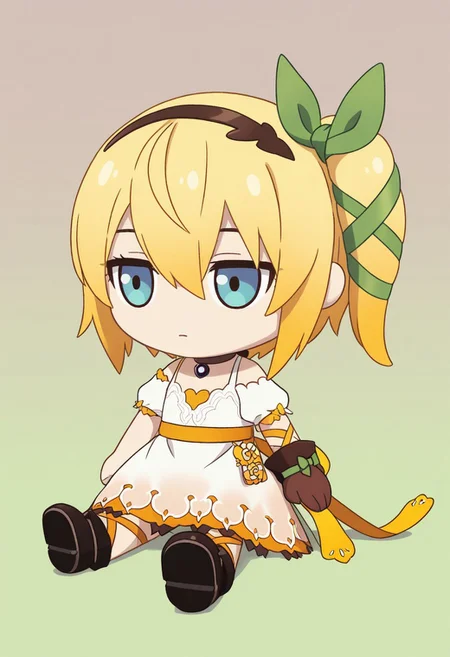 masterpiece, best quality, amazing quality, intricate detail, highly detailed, absurdres, edna (tales), blonde hair, gradient hair, white dress, yellow ribbon, brown hairband, hair ribbon, green ribbon, blue eyes, single glove, brown glove, side ponytail, brown choker, flat chest, short hair, lace, character doll, emotionless, gradient background, green background, brown background, chibi, sitting, full body