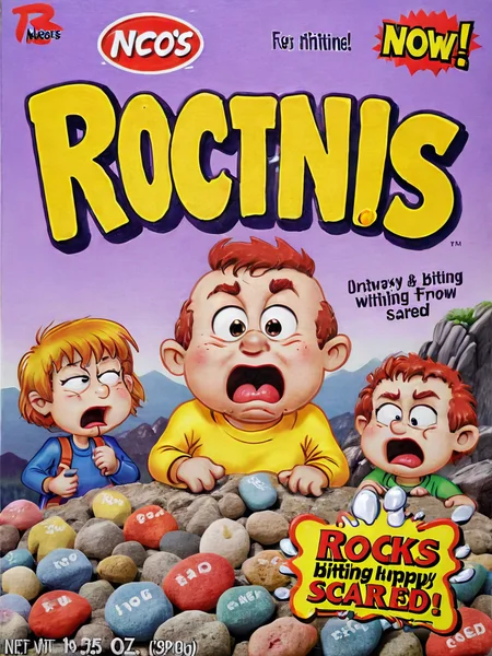 <lora:cereal_box_sdxl_v1:0.9> rocks, biting, unhappy, frown, scared