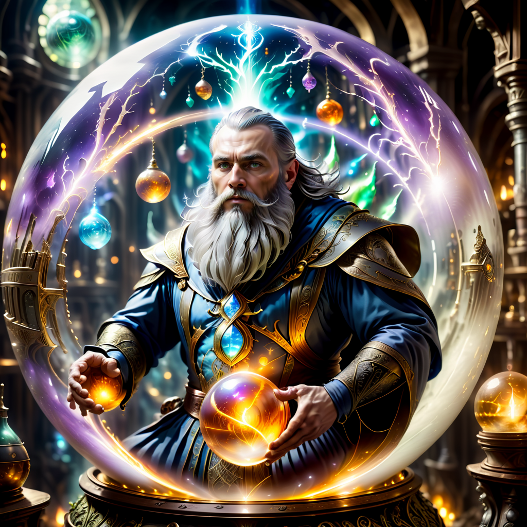 a close up of a full bearded wizard in a alchemy room in a  giant Jed-Gball <lora:Jed-Glassball:0.7>, surround by fairys, <lora:add-detail-xl:1>,  <lora:WowifierXL-V2:1>,