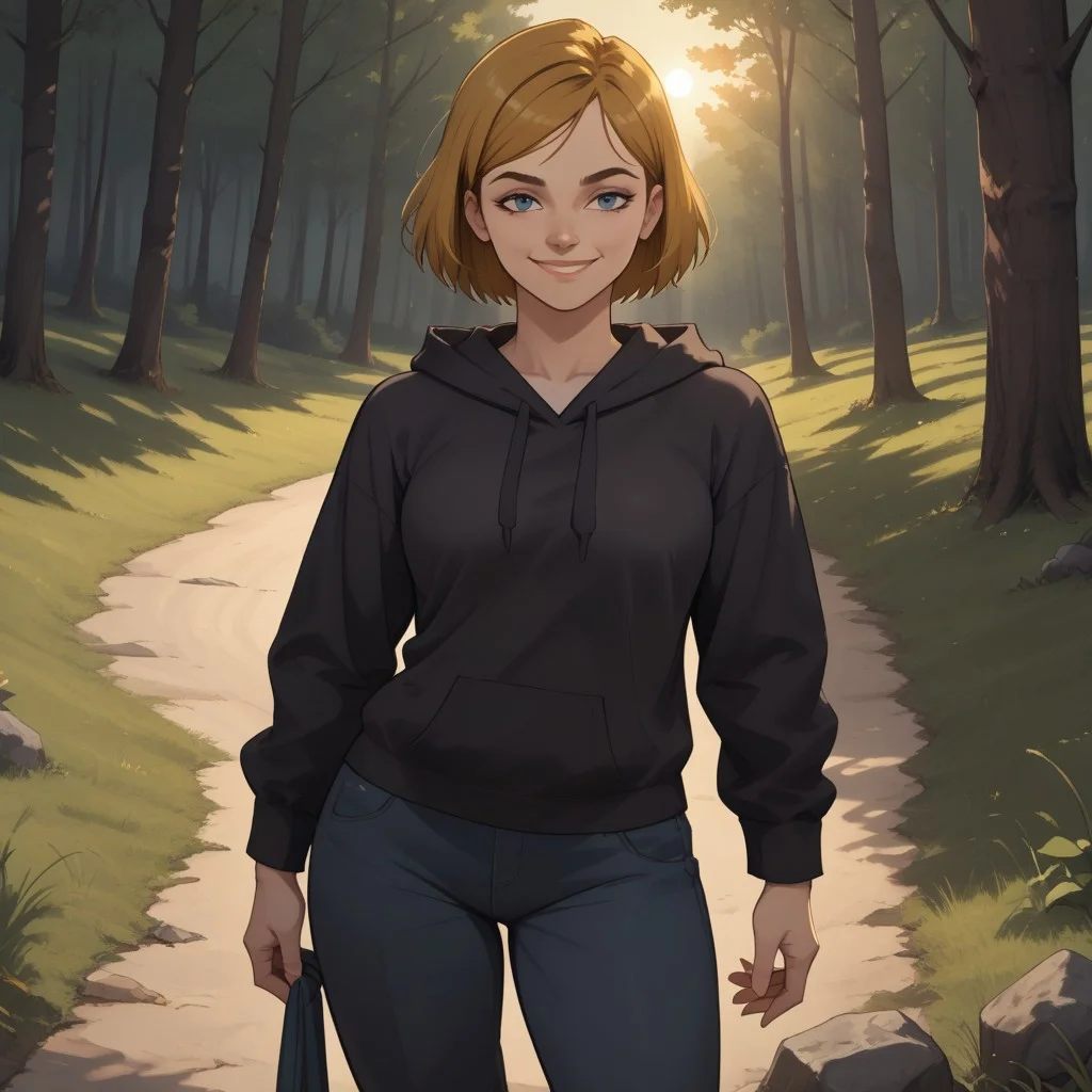 score_9, score_8, BREAK, solo, total drama, 1girl, dark blonde hair, indigo eyes, black eyebrows, pointy nose, lips, dark brown hoodie, dark blue pants, green sneakers, Jo_(\Total_Drama\), tdroti, short hair, sexy pose, smile, outdoors, sunlight, shadows, evening lighting, natural lighting, forest, trees, grass, orange sky, sunset