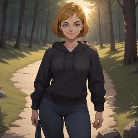 score_9, score_8, BREAK, solo, total drama, 1girl, dark blonde hair, indigo eyes, black eyebrows, pointy nose, lips, dark brown hoodie, dark blue pants, green sneakers, Jo_(\Total_Drama\), tdroti, short hair, sexy pose, smile, outdoors, sunlight, shadows, evening lighting, natural lighting, forest, trees, grass, orange sky, sunset