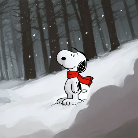 score_9, score_8, score_7, classic cartoon, BREAK, snoopy, solo, outdoors, scarf, snow,