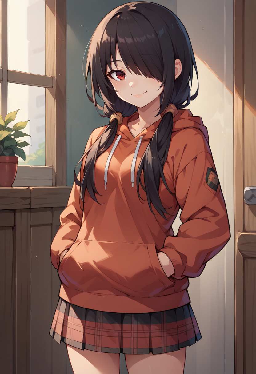 score_9, score_8_up, score_7_up, source_anime, TokisakiKurumi, black hair, low twintails, hair over one eye, red eye, indoors, plaid skirt, hoodie, smile, hands in pockets, <lora:CHAR-TokisakiKurumiPonyXL:1>