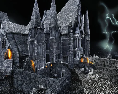 an old ps_game_screenshot of a dark gothic castle, exterior, storming with lightning, immersive, birds eye view <lora:epiNoiseoffset_v2:1>