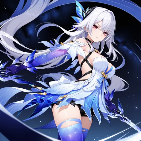 <lora:Skirk_1_nai-000062:1>,Skirk,butterfly hair ornament,
bare shoulders,gradient legwear,blue thighhighs,gradient thighhighs,detached sleeves,white dress,layered dress,sleeveless dress,off-shoulder dress,blue dress,gradient dress,short dress,backless dress,white shawl,purple gloves,elbow gloves,black choker,
BREAK
1girl,solo,night sky,starry sky,front view,looking at viewer,holding sword,dual wielding,depth of field,from side,incoming attack,slashing,