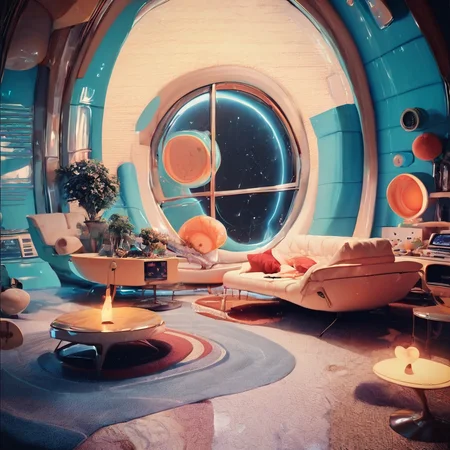 score_9, score_8_up, score_7_up, <lora:retro_pony_XL_2:1> zPDXL a retro tech design art piece of a 2 level building, round windows, on a space station