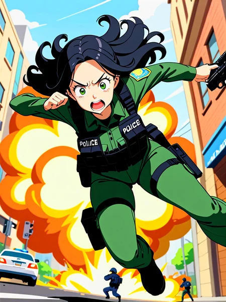 anime, illustration, best quality, (masterpiece:1.4), (high quality:1.4), sharp focus, 4k, absurd resolution, detailed hands, curly hair, long hair, (black hair:1.6), 1girl, mature female, (parted hair:1.7), (round face), (no_bangs:1.3), (no_fringe:1.6), <lora:ETO_OC_XL:0.7>, (thick eyebrows:0.9), (plump:0.8), round-chin, (greenish brown eyes), (brownish green eyes), caucasian, down-turned eyes, 1girl, (forehead:0.65), <lora:swat gear_xl:0.5> swat gear, weapon, gun, black uniform, police, rifle, street, officers, soldier, military, officer,  shooting, firing, screaming, explosion, jumping, chaos, debris,