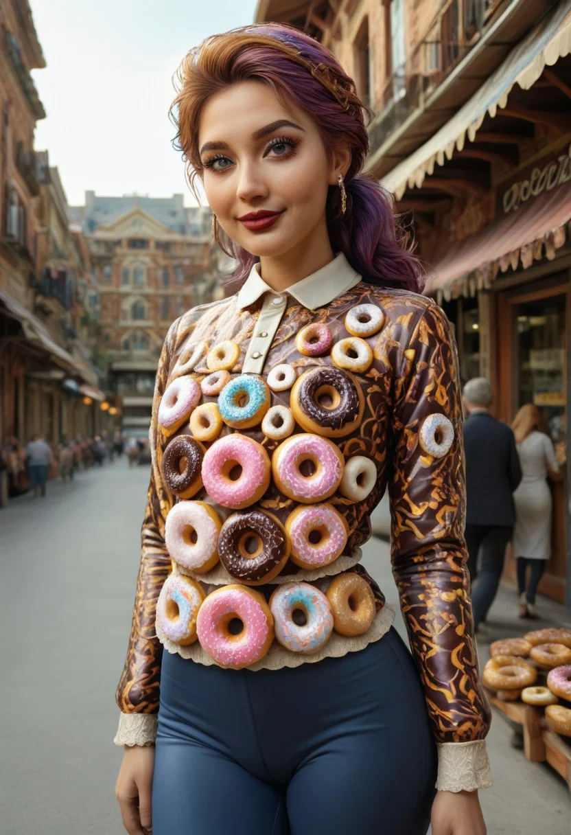 d0nu71f13d, bakery, aged female, short jacket, tight white silk blouse pattern, black pants, dark red lips, gentle smile, 35 years old, score_9, score_8_up, score_7_up, score_6_up, score_5_up, score_4_up, UHD, 8K, masterpiece, detailed, ultra_high_resolution, lots of detail, Ultra detailed photo realistic background, realistic high detailed beautiful face, anatomic correct bodies, extremely realistic, lots of detail, strong, athletic, seductive, small waist, wide hips, big brown eyes, indoors, (background made of doughnuts:2.4), ladyjoe, purple hair, blue dress, frills.