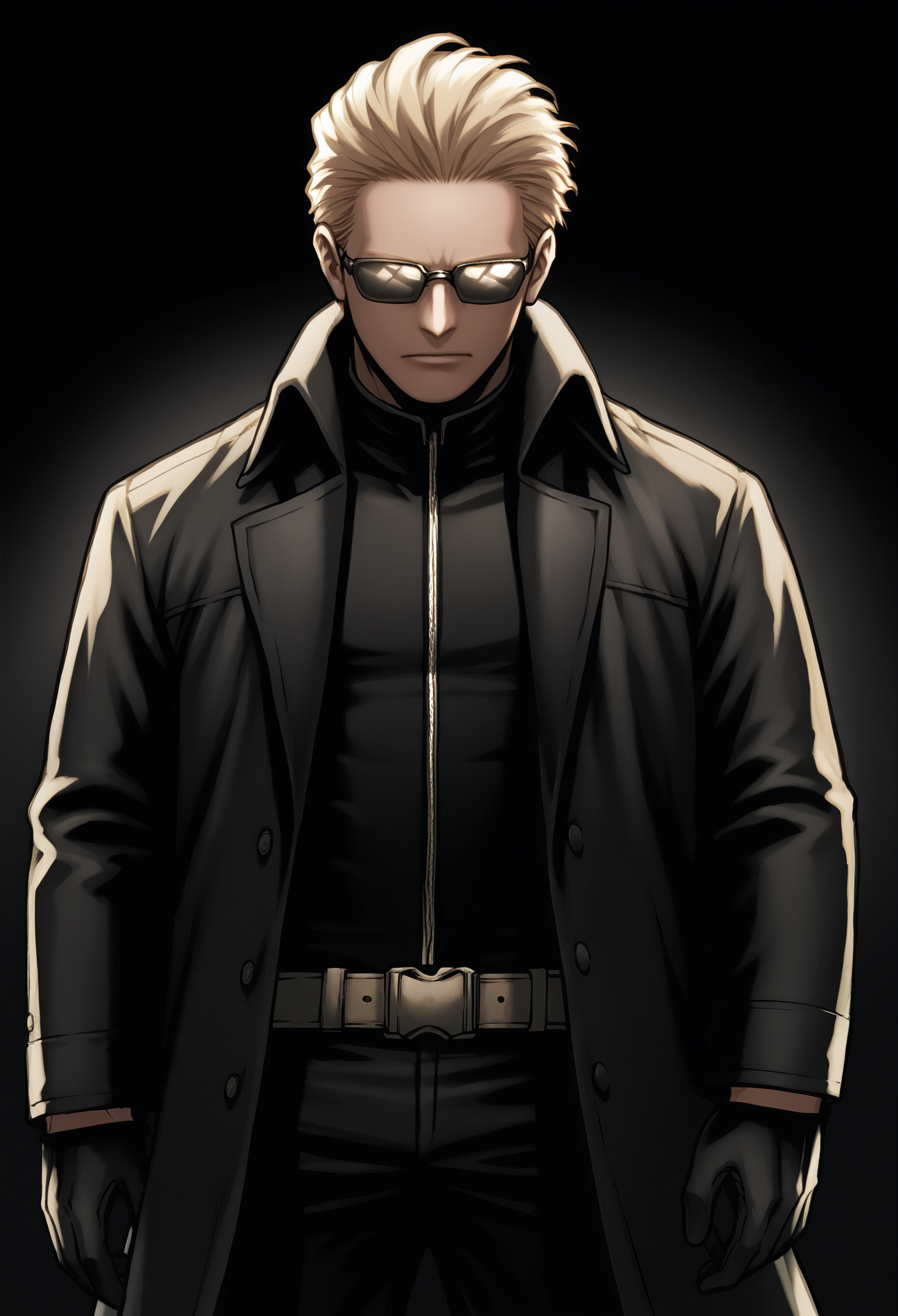 1boy, solo, male focus, dark background, dim lighting, 
black gloves, sunglasses, belt, pants, long coat, trench coat, black coat, black pants, 
score_9, score_up_7, <lora:Kohei_Horikoshi-PonyV1-guy90:1>, ihshok, <lora:albertwesker-guy-PONYv1:1>, albertwesker